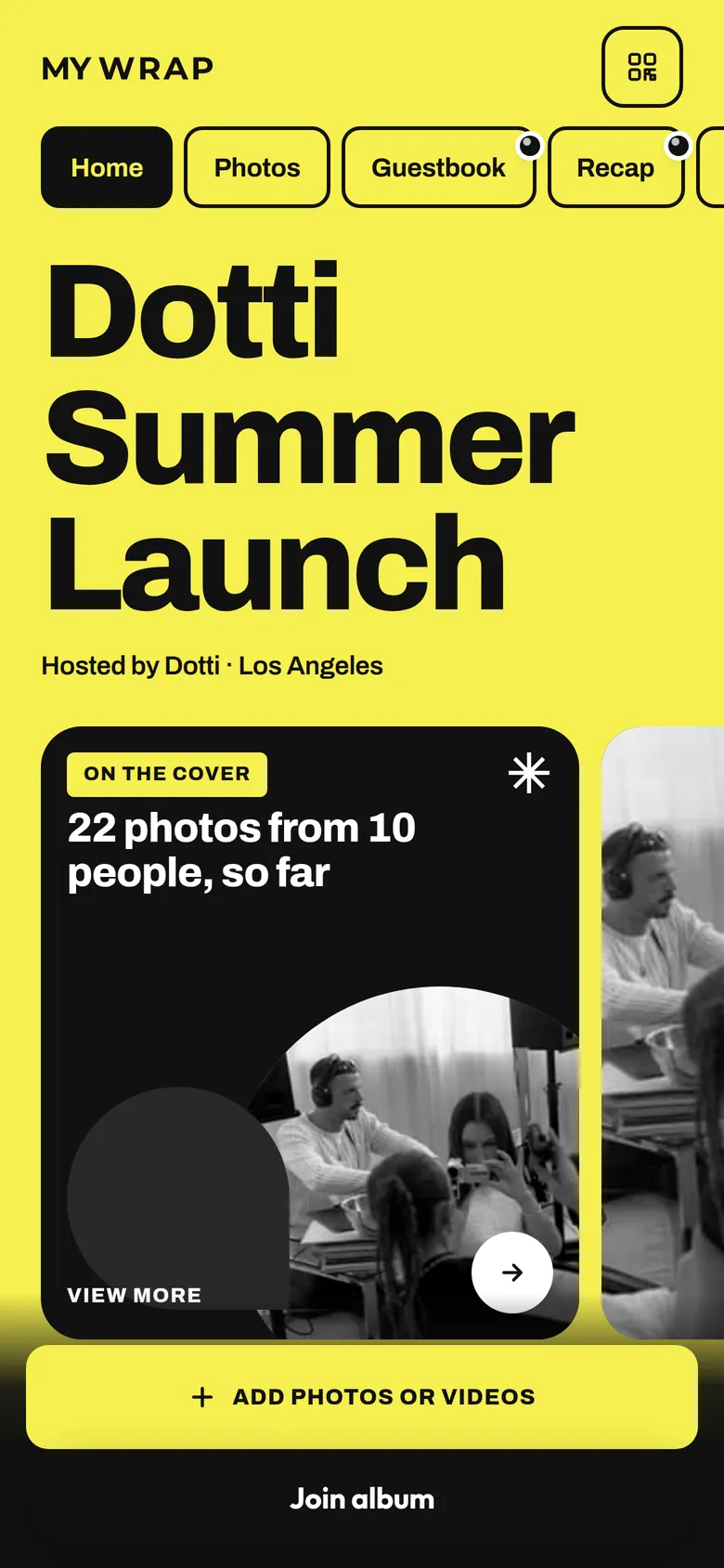 The Dotti Summer Launch album open in the browser, with one button to add photos or videos