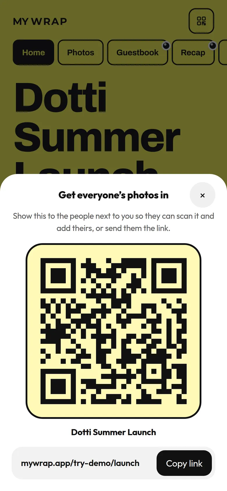 The album’s QR sheet, with the code, the album name and a link to copy