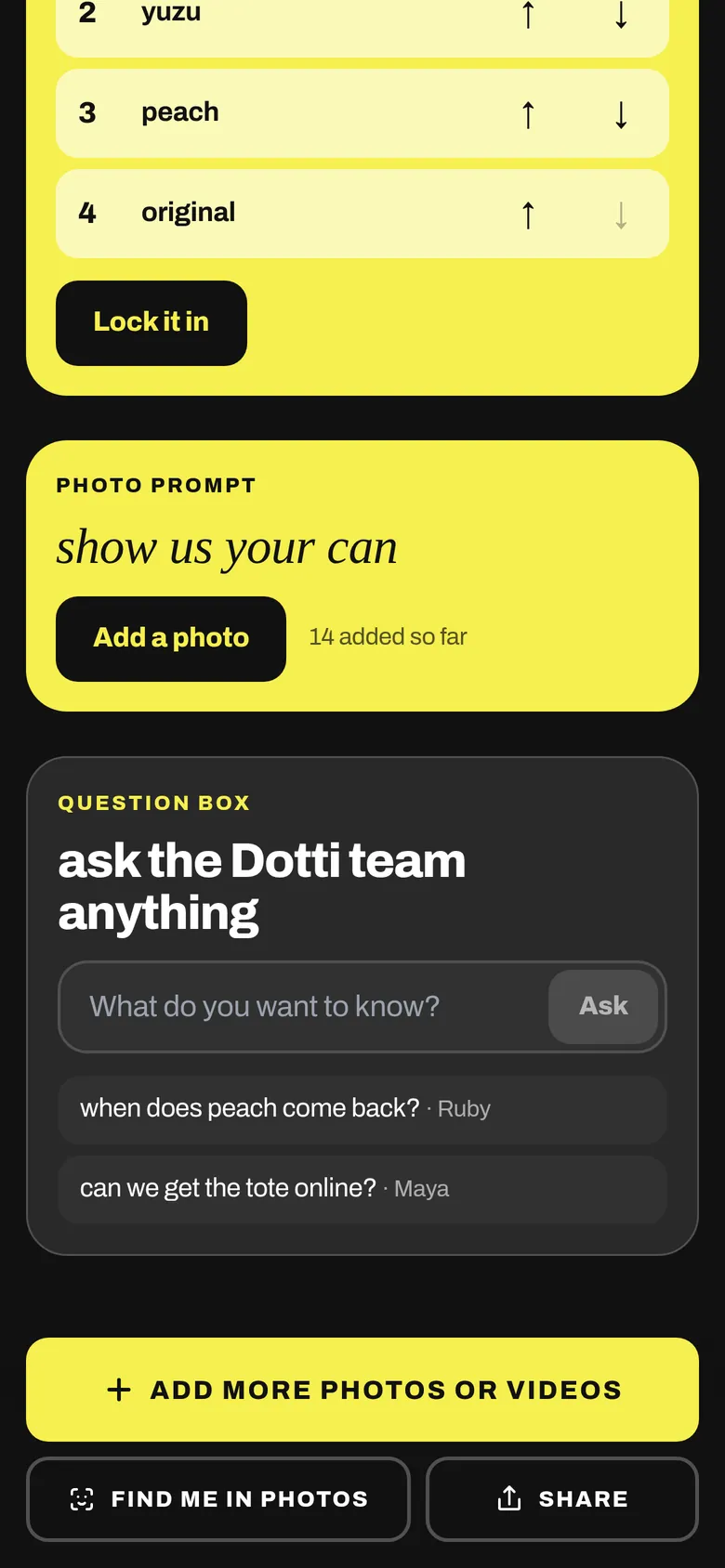 A question box in the album where guests ask the brand team anything
