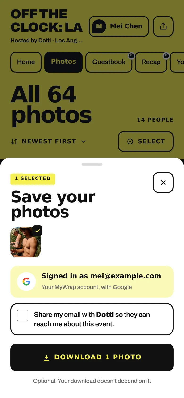Saving photos from the album, with an unticked box to share an email
