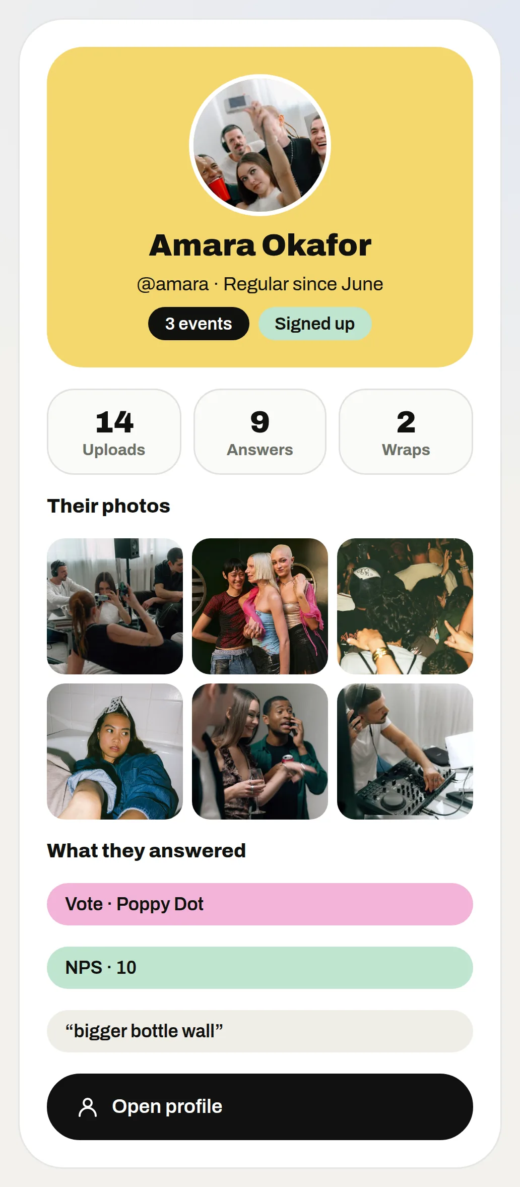 One guest’s profile with their photos and what they answered