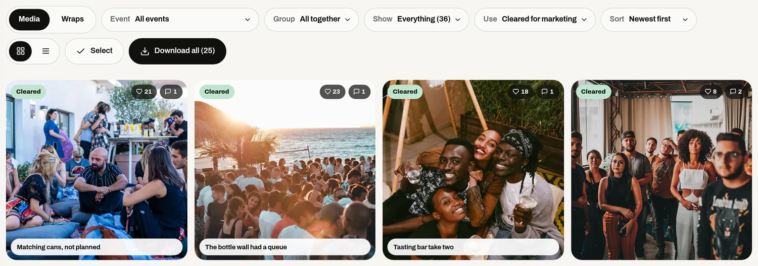 The Use filter on Cleared for marketing, above four photos each marked Cleared