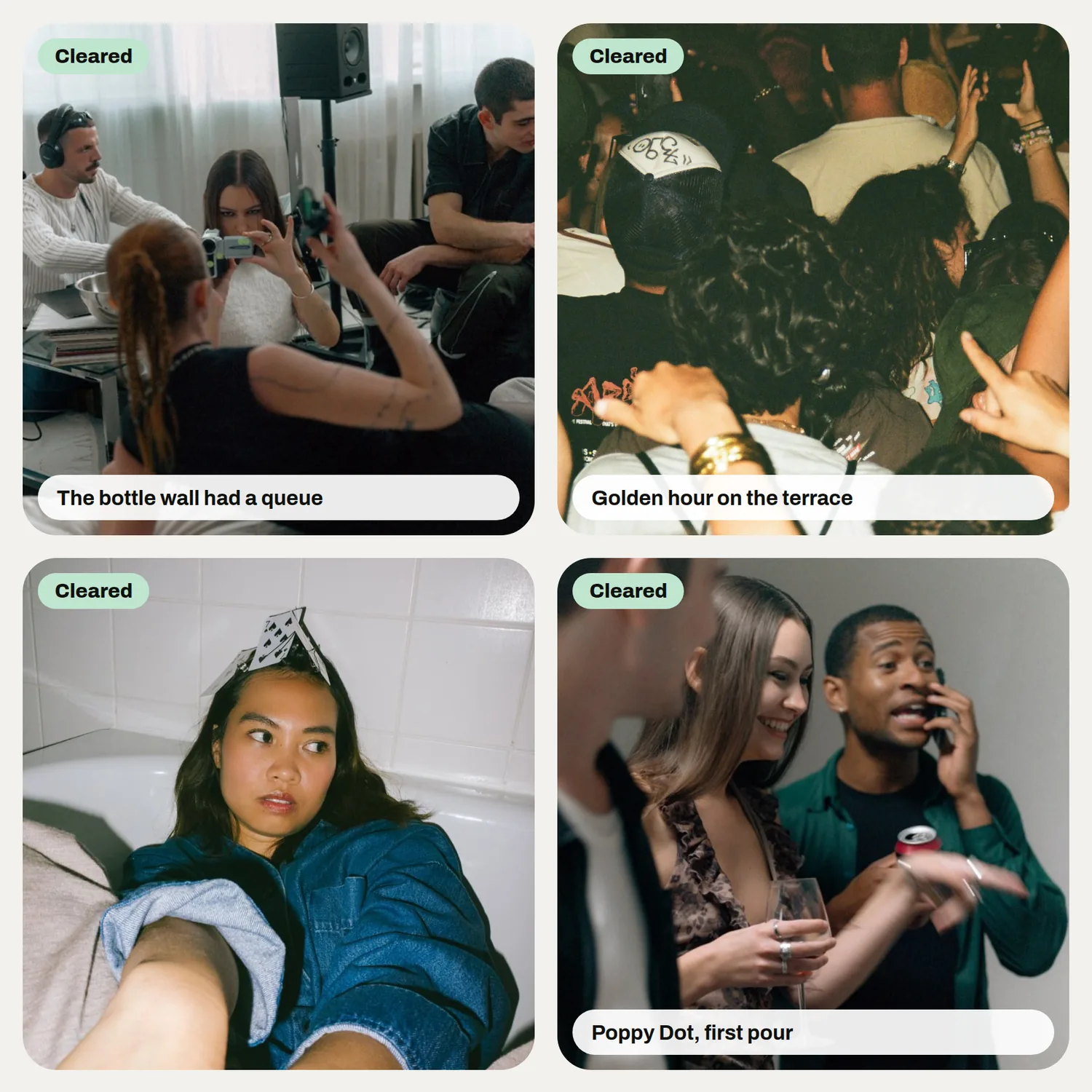 Four photos in the library, each tagged as cleared for marketing