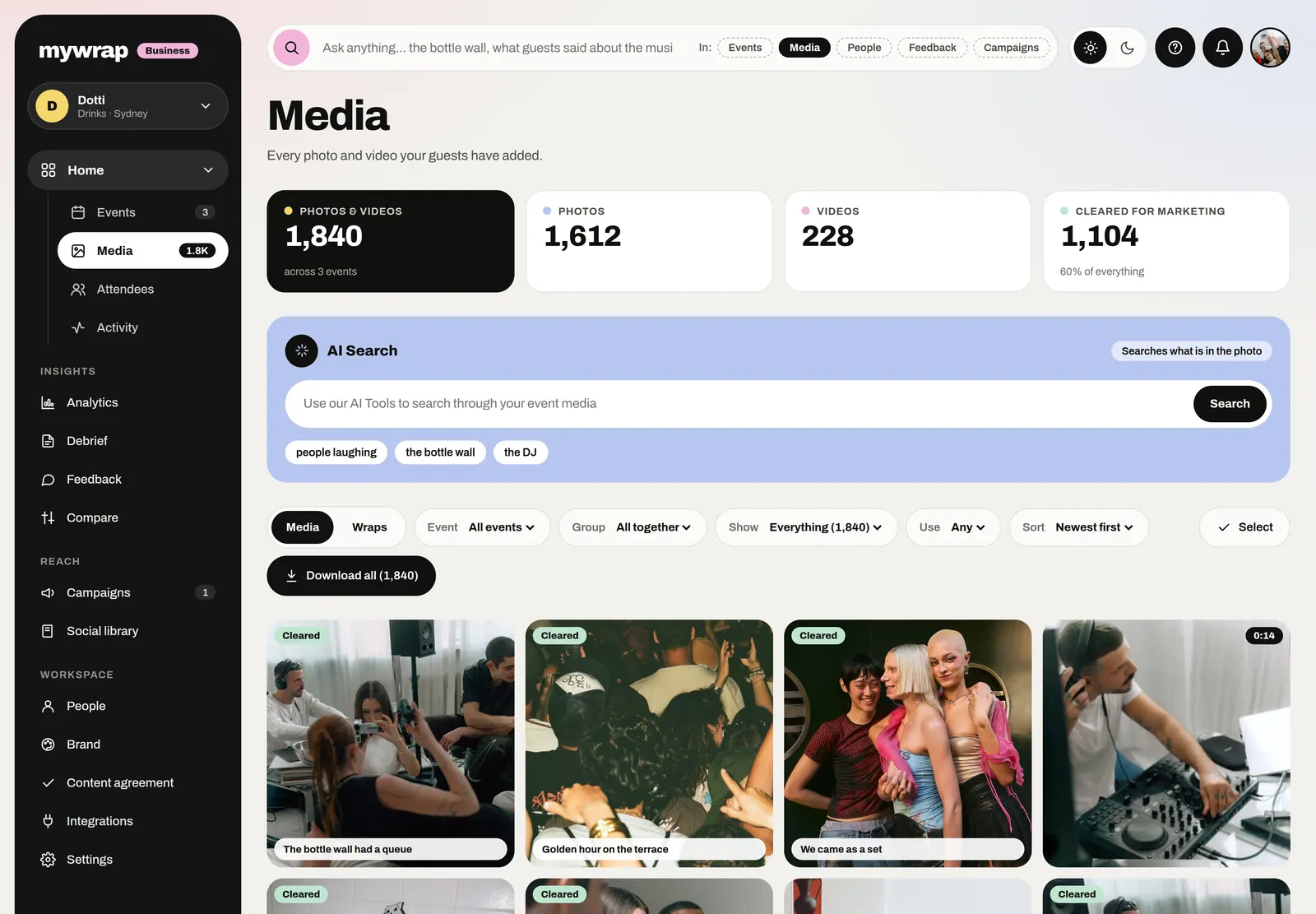 The Media library: every photo and video from the brand’s events, each marked with its rights